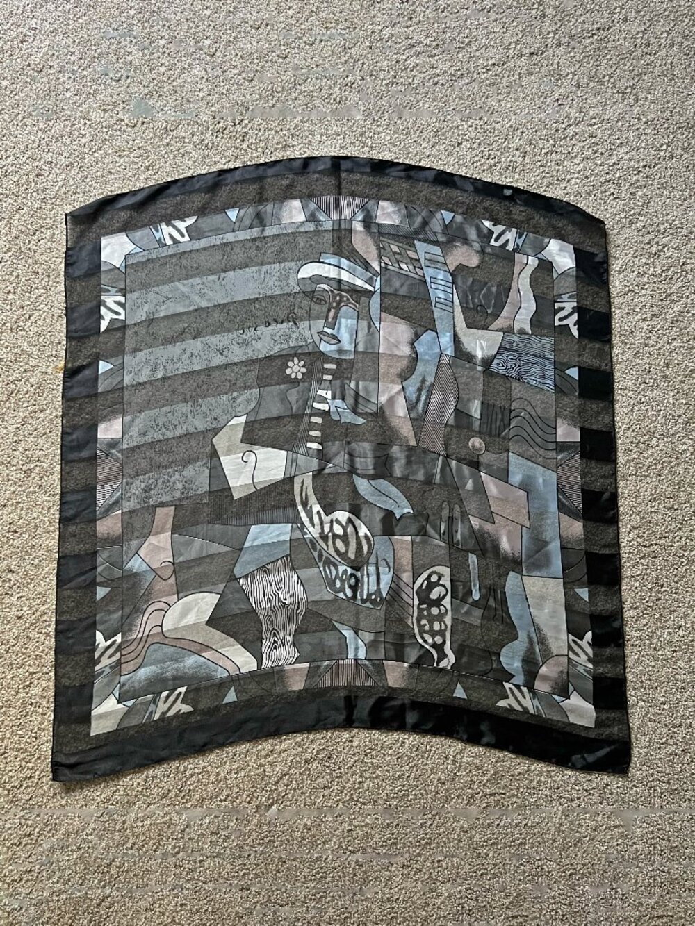 80s Picasso Cubism Sheer Striped Black Grey Satin Scarf 39x39